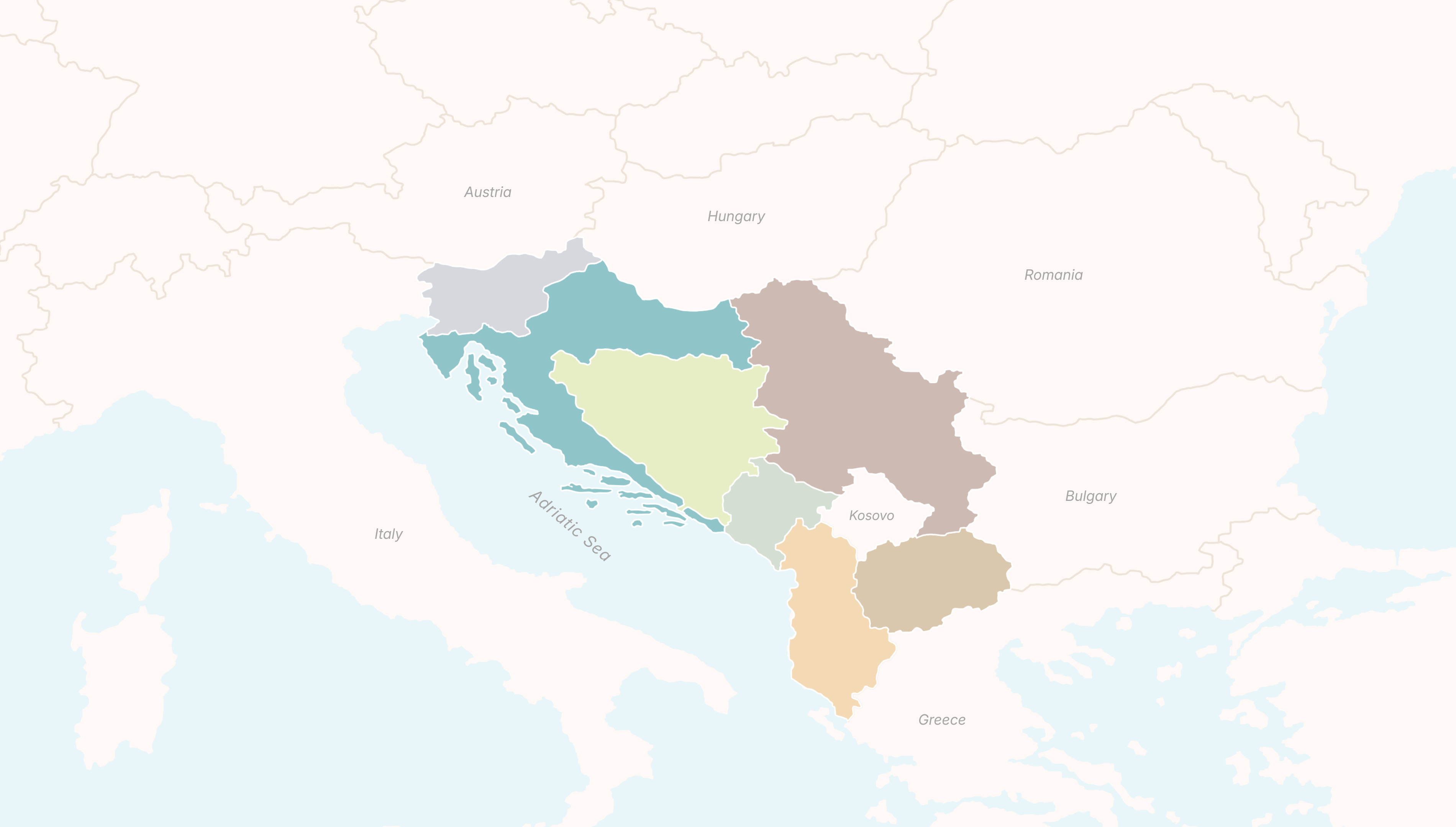 Map highlighting Croatia, Slovenia, Bosnia and Herzegovina, Serbia, Montenegro, North Macedonia and Albania