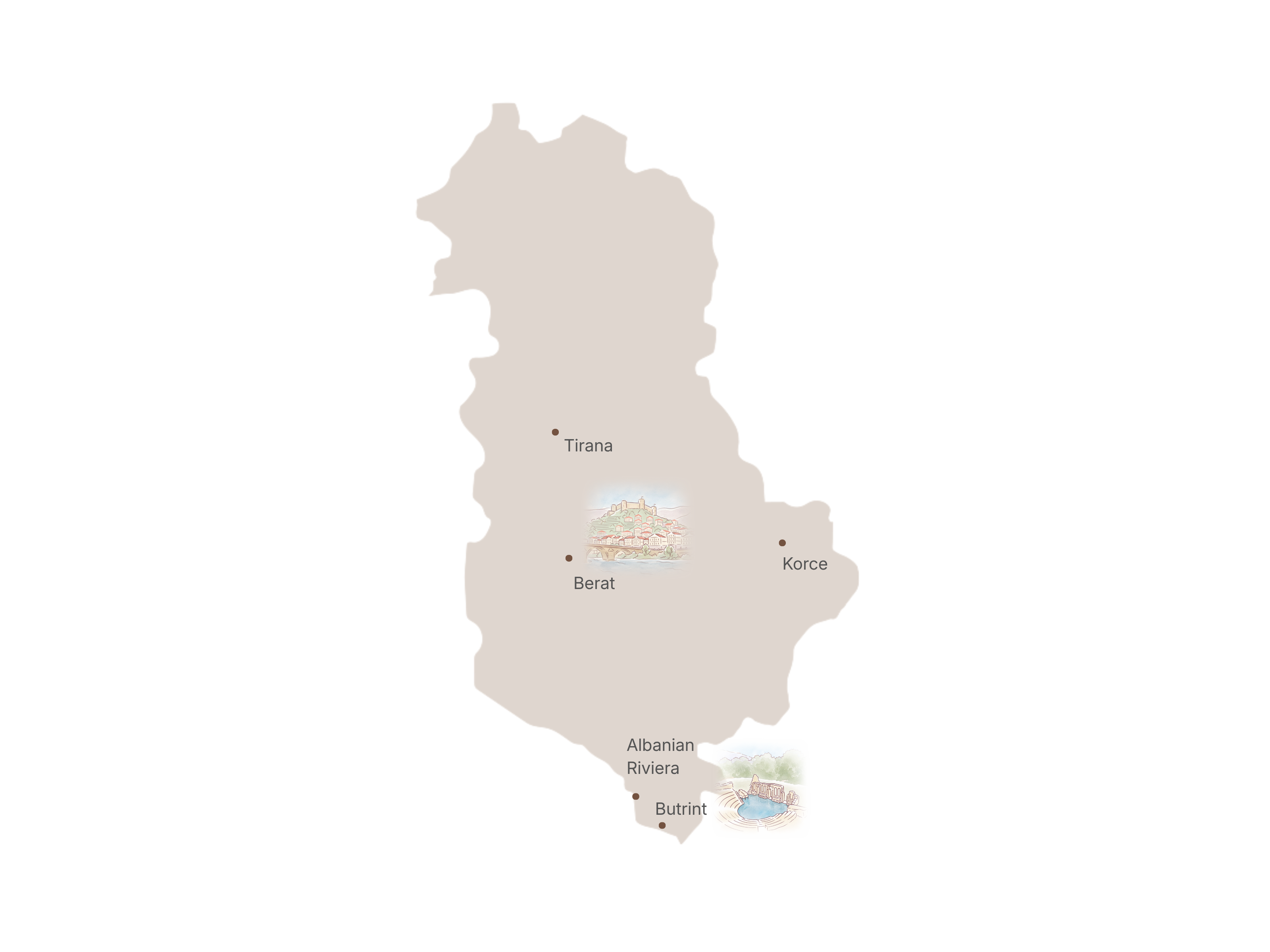 Illustrated map of Albania with key places and nearby countries