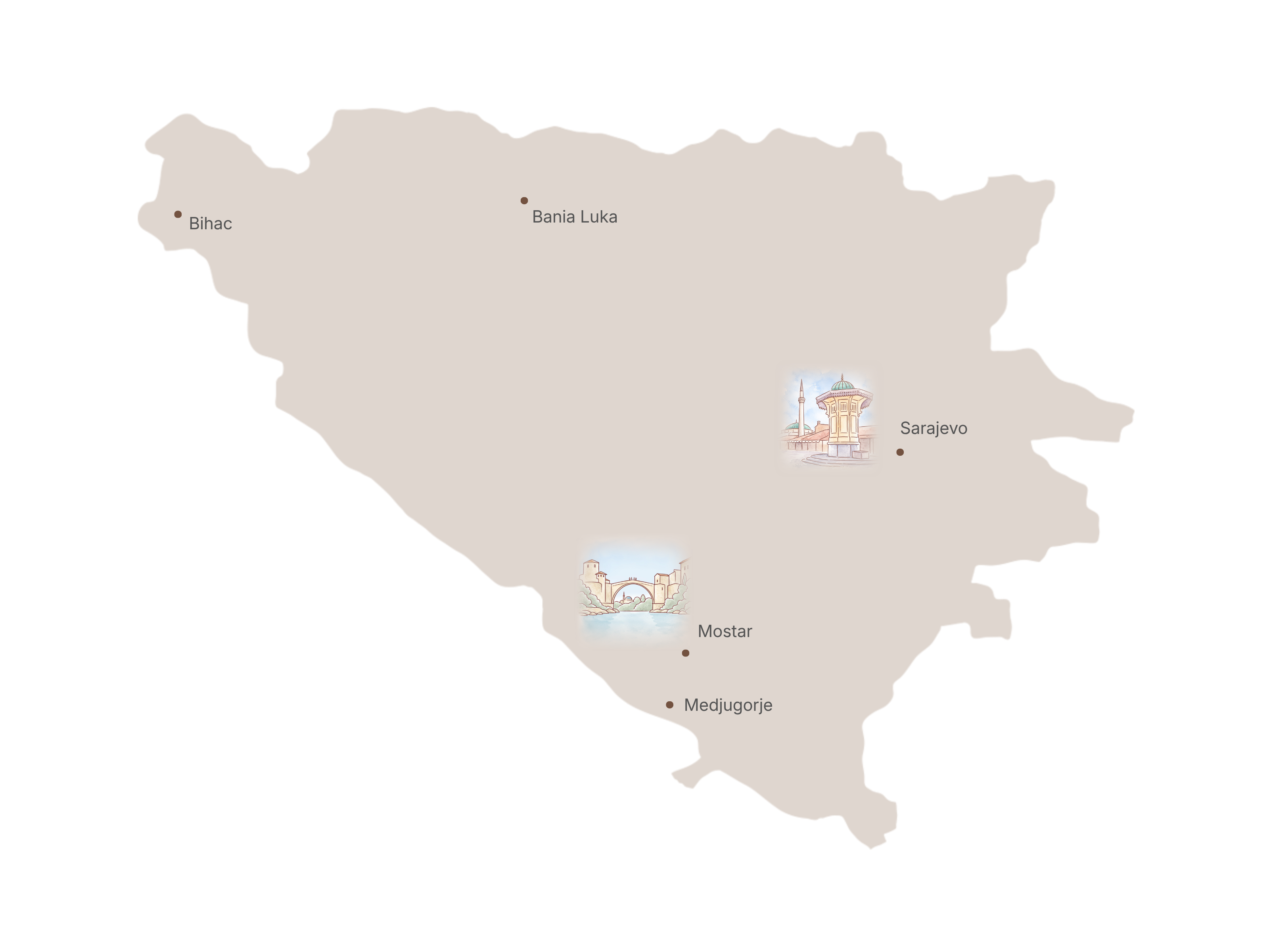 Illustrated map of Bosnia and Herzegovina with key places and nearby countries
