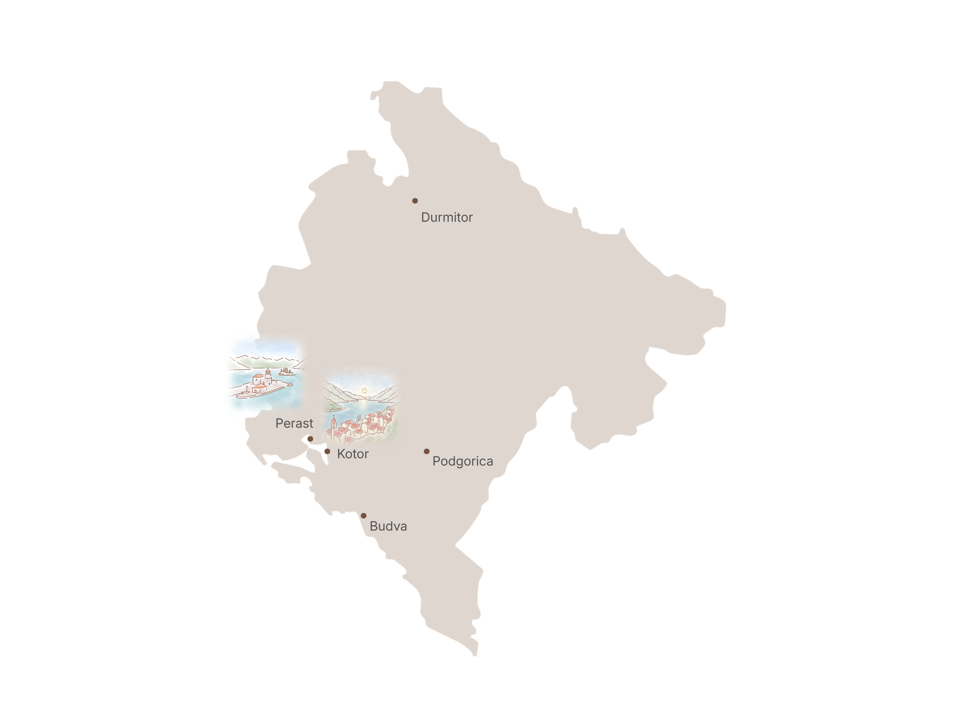 Illustrated map of Montenegro with key places and nearby countries