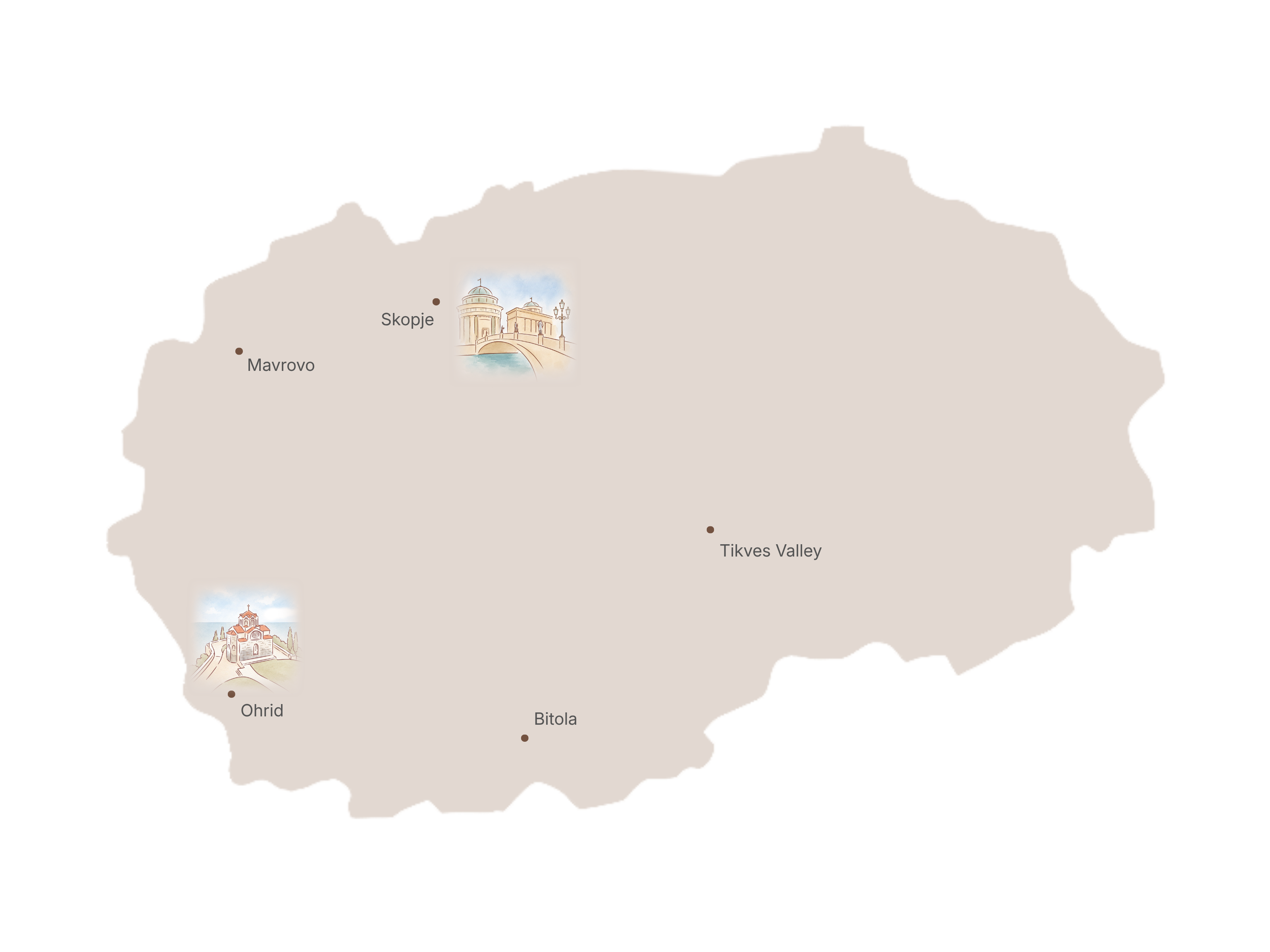 Illustrated map of North Macedonia with key places and nearby countries