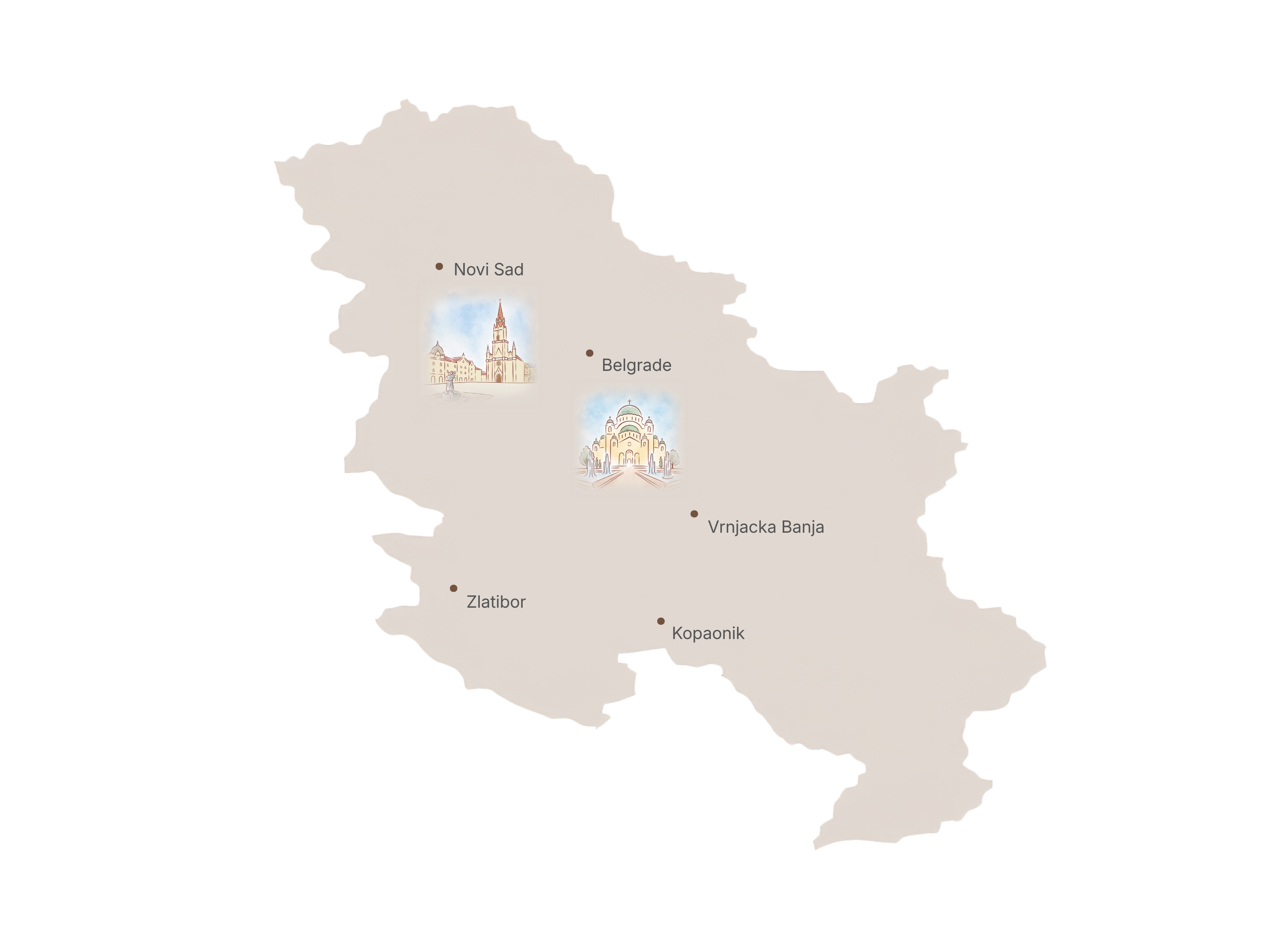 Illustrated map of Serbia with key places and nearby countries