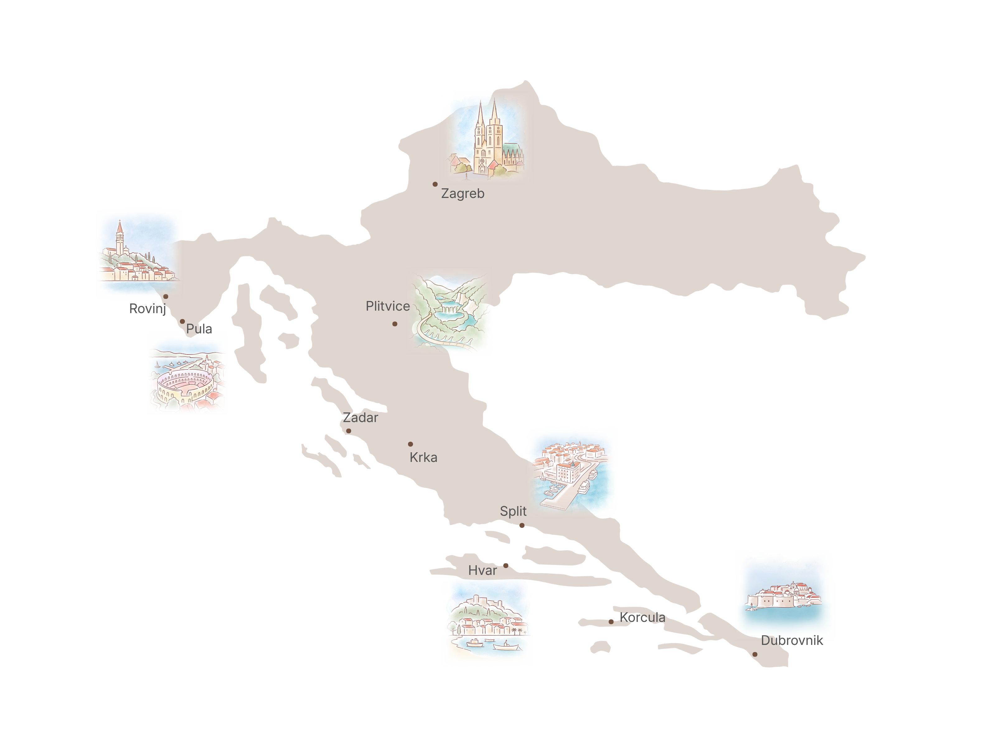 Illustrated map of Croatia with key places and nearby countries