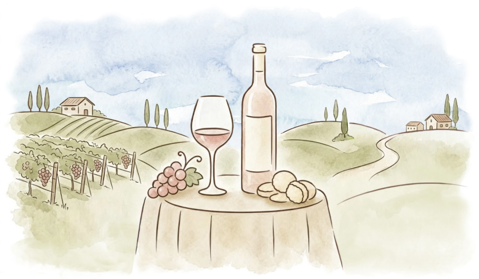 Watercolor illustration of wine, grapes and local food