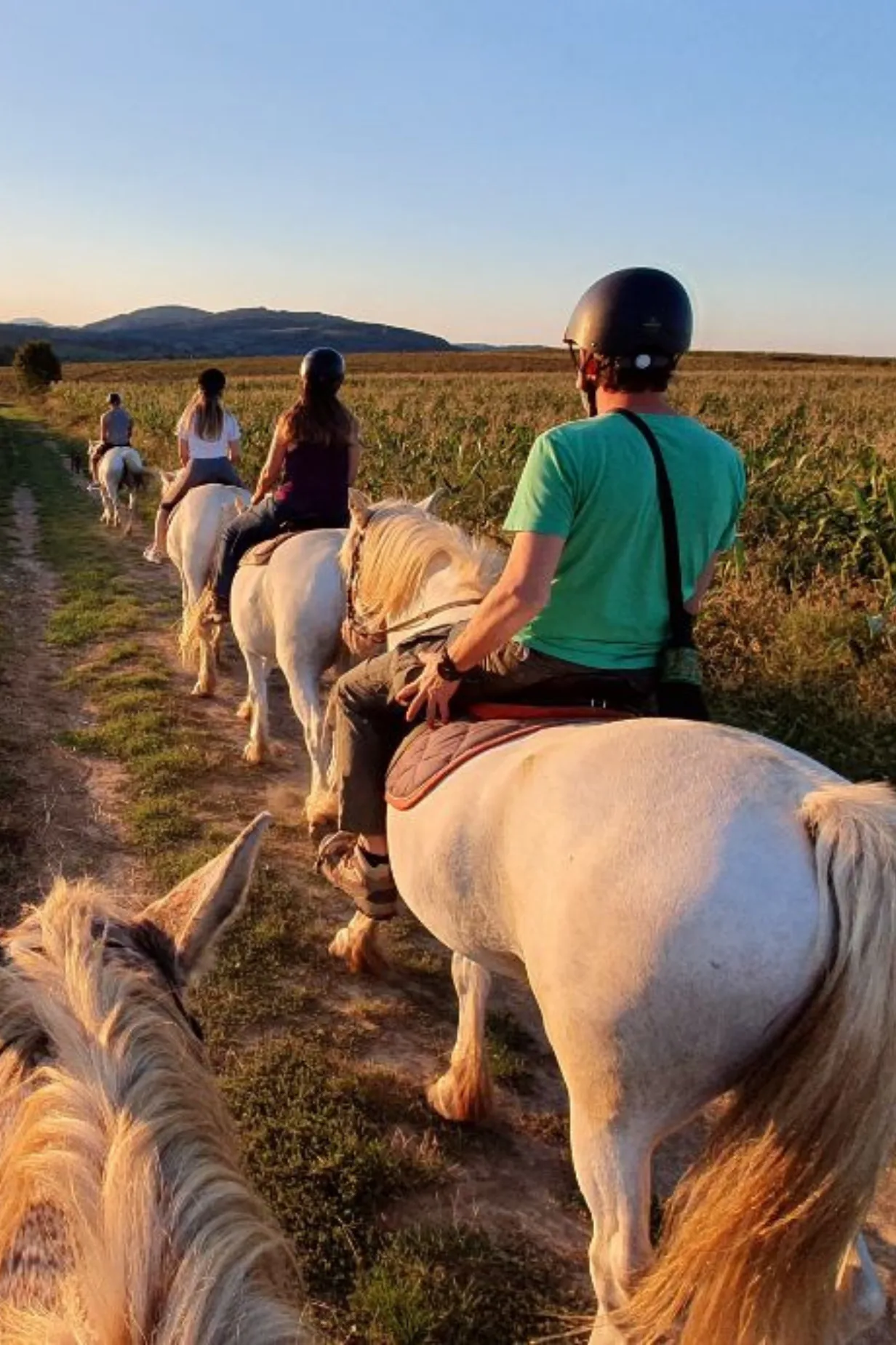 Travelers riding horses through a quiet coastal landscape